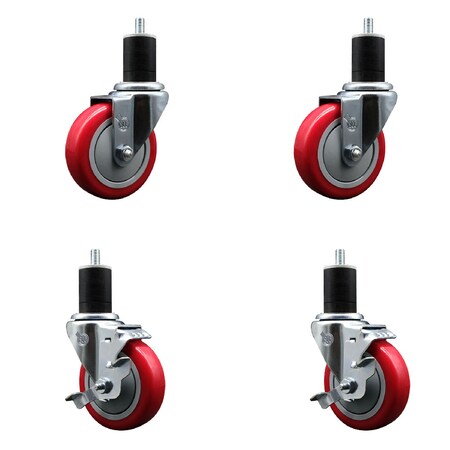 Service Caster 4'' SS Red Poly Wheel Swivel 1-3/4'' Expanding Stem Caster Set 2 Brakes, 4PK SCC-SSEX20S414-PPUB-RED-2-TLB-2-134
